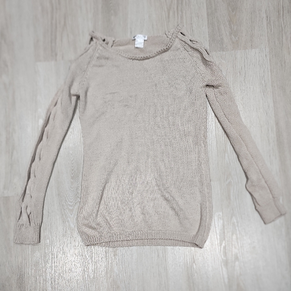 VENUS Neutral Beige Crewneck Sweater with Braided Sleeve Detail